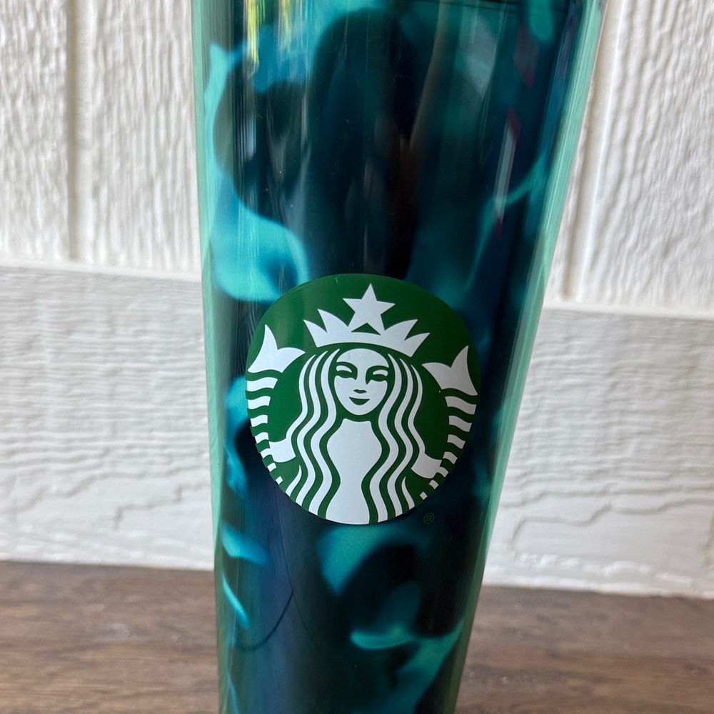 Starbucks Blue Green Teal tortoise tie dye watercolor 24 oz Tumbler with Straw - Picture 2 of 11